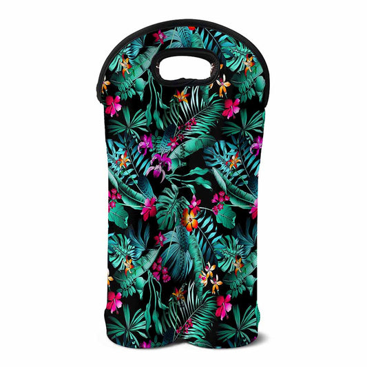 Teal Tropical Leaf Hawaii Pattern Print Double Neoprene Wine Tote