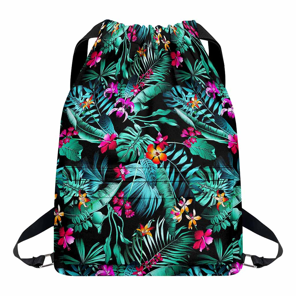 Teal Tropical Leaf Hawaii Pattern Print Drawstring Backpack