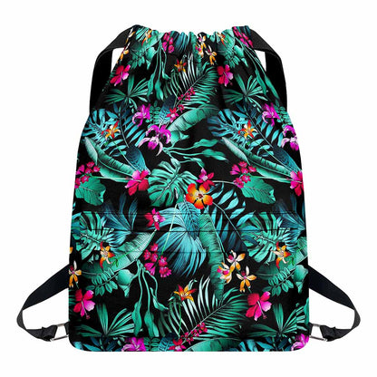Teal Tropical Leaf Hawaii Pattern Print Drawstring Backpack
