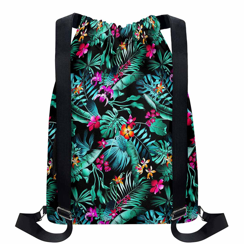 Teal Tropical Leaf Hawaii Pattern Print Drawstring Backpack