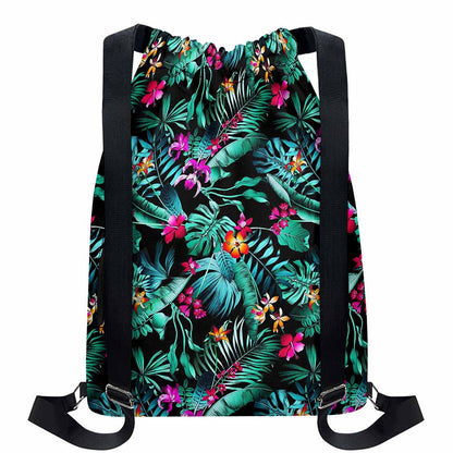 Teal Tropical Leaf Hawaii Pattern Print Drawstring Backpack