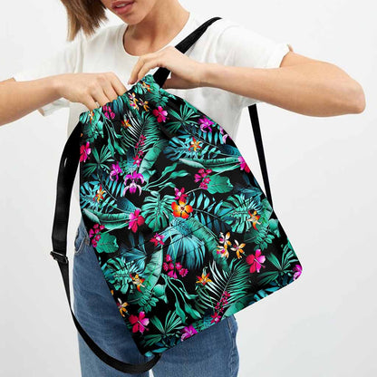 Teal Tropical Leaf Hawaii Pattern Print Drawstring Backpack