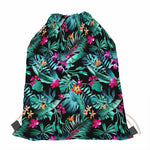 Teal Tropical Leaf Hawaii Pattern Print Drawstring Bag