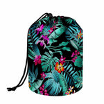 Teal Tropical Leaf Hawaii Pattern Print Drawstring Makeup Bag