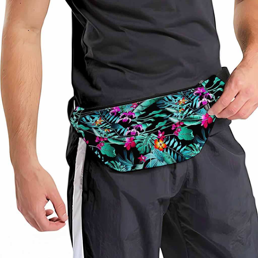 Teal Tropical Leaf Hawaii Pattern Print Fanny Pack