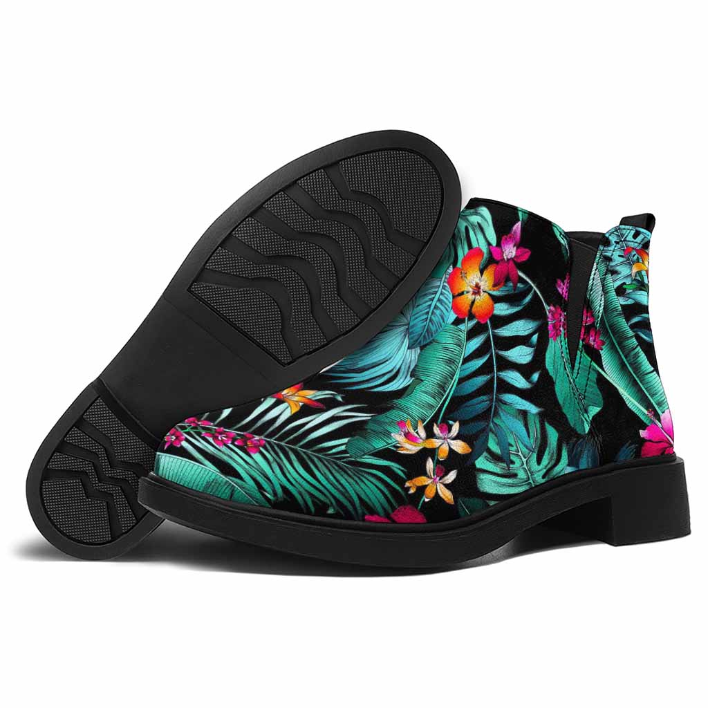 Teal Tropical Leaf Hawaii Pattern Print Flat Ankle Boots