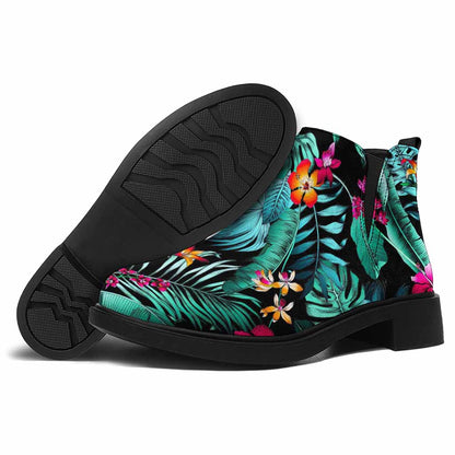 Teal Tropical Leaf Hawaii Pattern Print Flat Ankle Boots