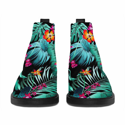 Teal Tropical Leaf Hawaii Pattern Print Flat Ankle Boots