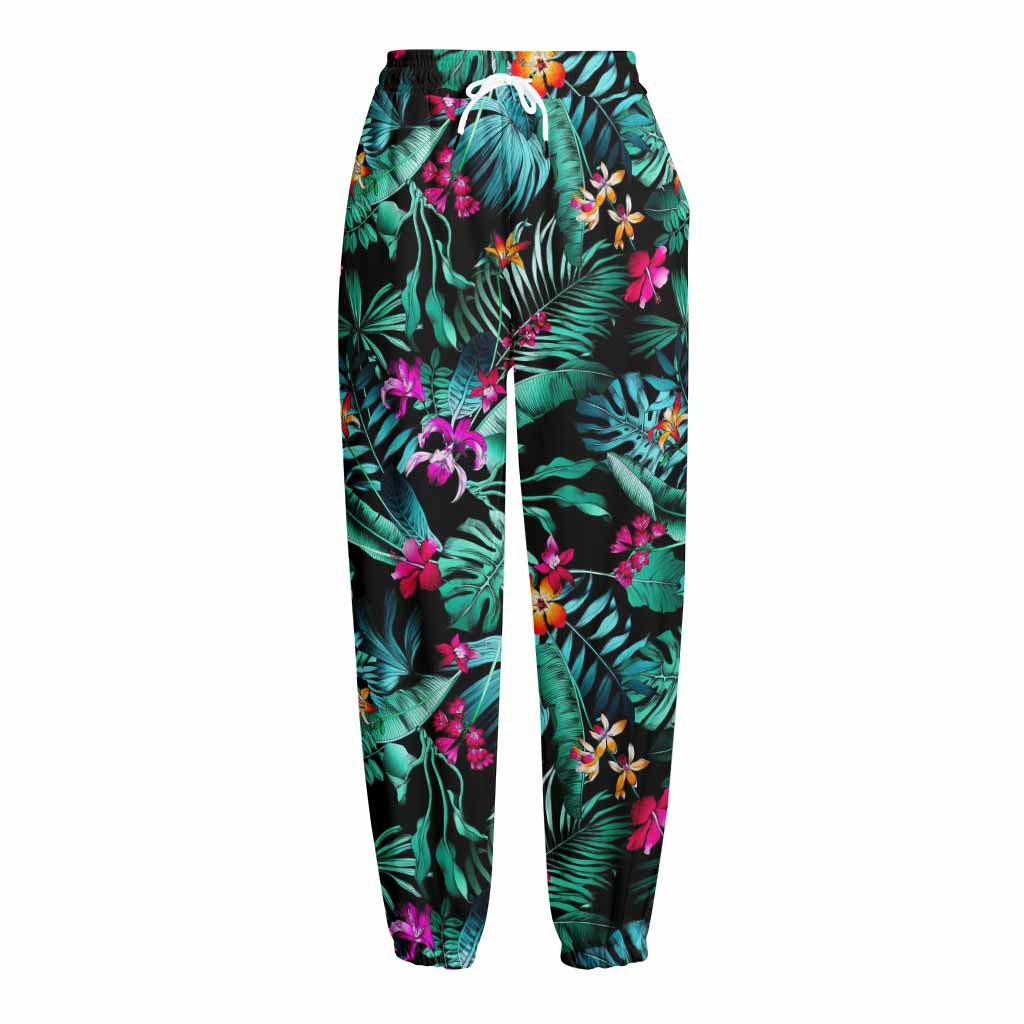 Teal Tropical Leaf Hawaii Pattern Print Fleece Lined Knit Pants