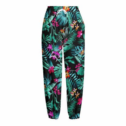Teal Tropical Leaf Hawaii Pattern Print Fleece Lined Knit Pants