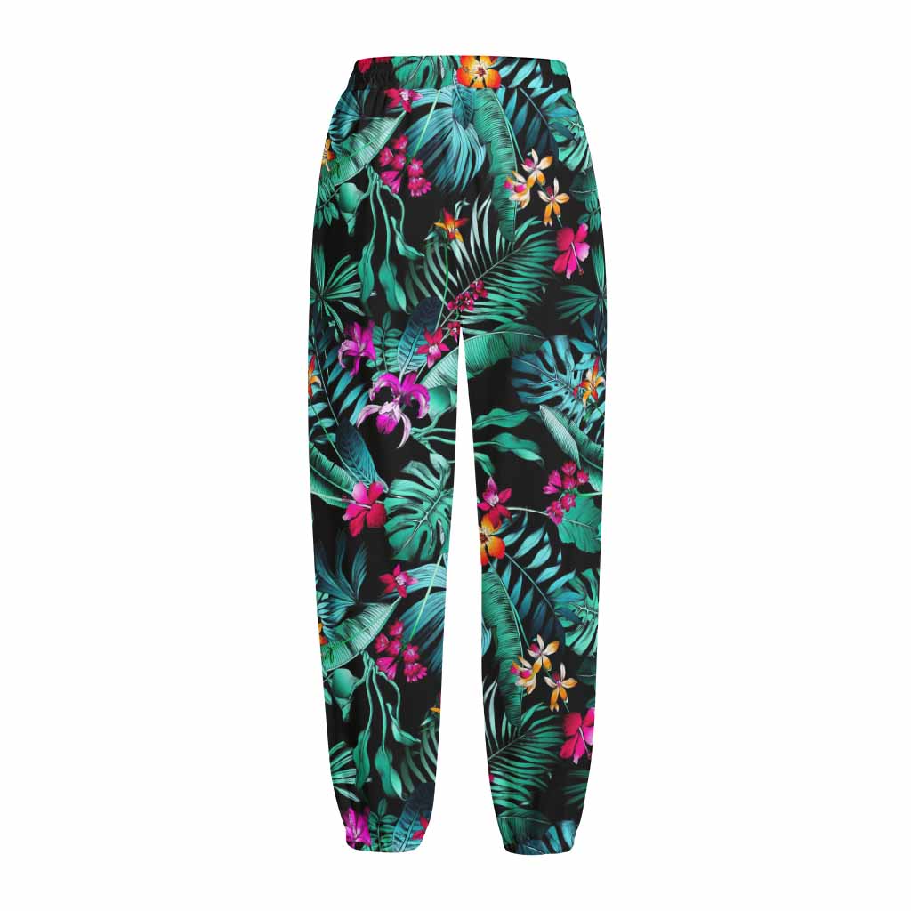 Teal Tropical Leaf Hawaii Pattern Print Fleece Lined Knit Pants