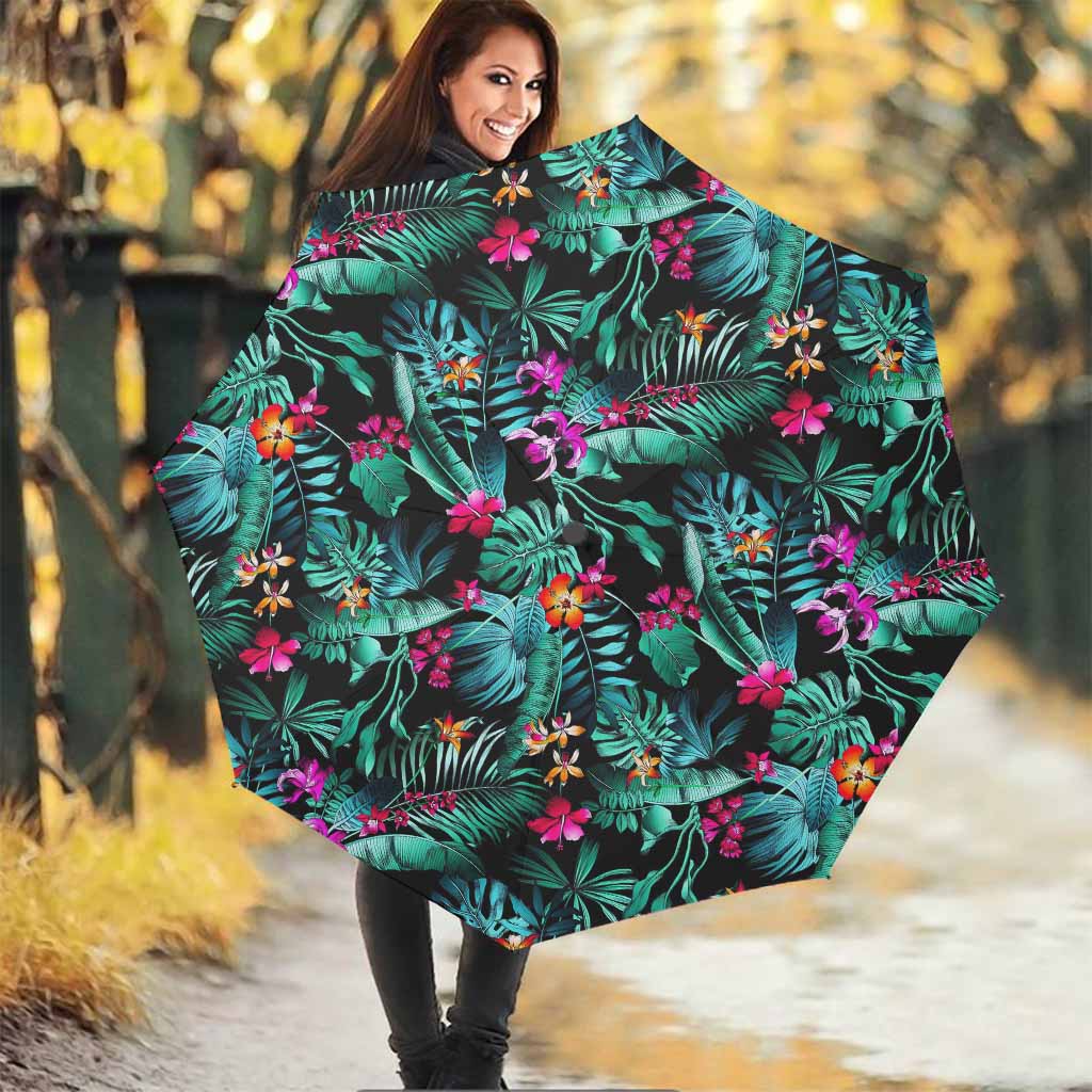 Teal Tropical Leaf Hawaii Pattern Print Foldable Umbrella