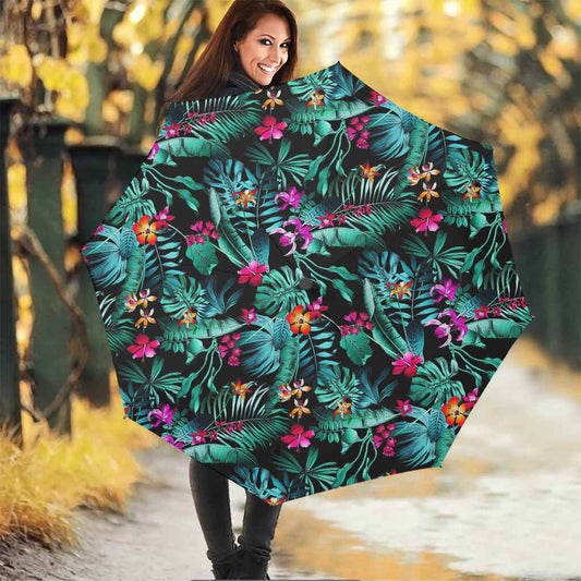 Teal Tropical Leaf Hawaii Pattern Print Foldable Umbrella
