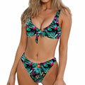 Teal Tropical Leaf Hawaii Pattern Print Front Bow Tie Bikini
