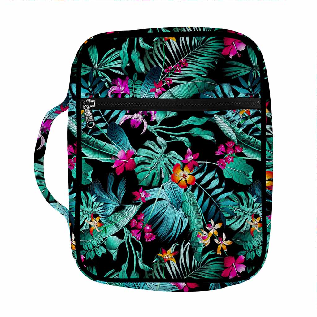 Teal Tropical Leaf Hawaii Pattern Print Front Pocket Bible Bag