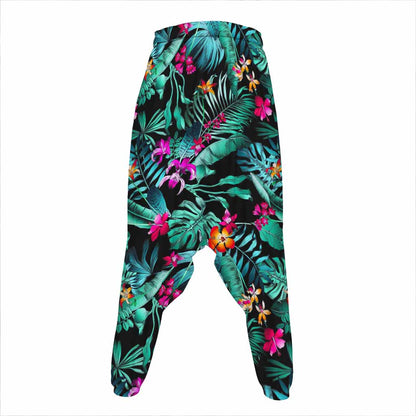 Teal Tropical Leaf Hawaii Pattern Print Hammer Pants