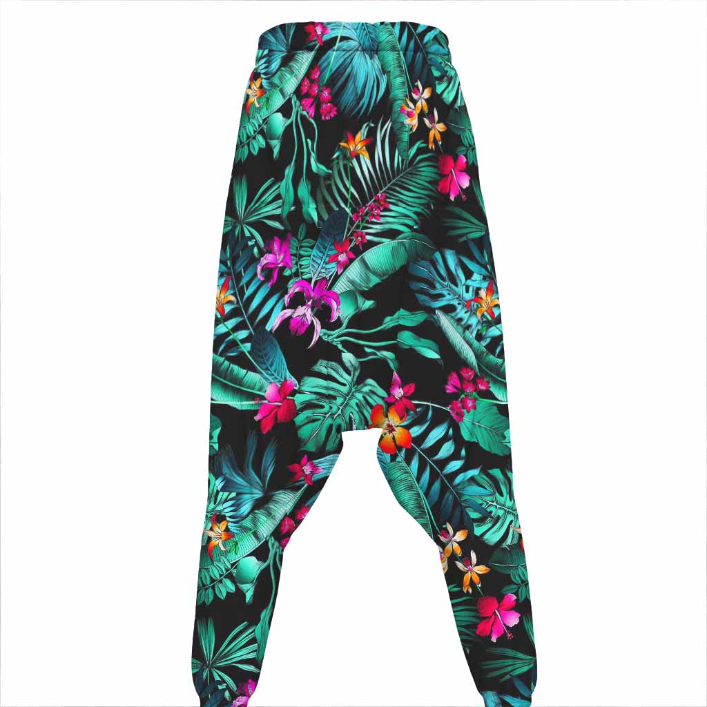 Teal Tropical Leaf Hawaii Pattern Print Hammer Pants