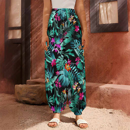 Teal Tropical Leaf Hawaii Pattern Print Harem Pants