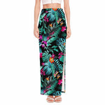 Teal Tropical Leaf Hawaii Pattern Print High Slit Maxi Skirt