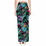 Teal Tropical Leaf Hawaii Pattern Print High Slit Maxi Skirt