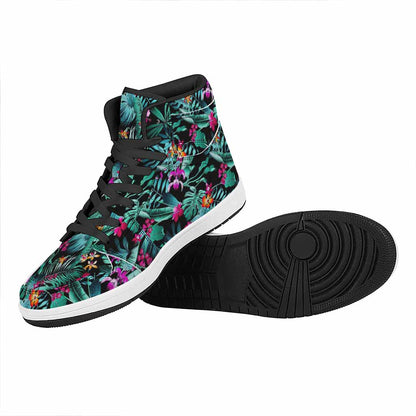Teal Tropical Leaf Hawaii Pattern Print High Top Leather Sneakers