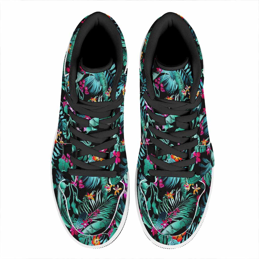 Teal Tropical Leaf Hawaii Pattern Print High Top Leather Sneakers