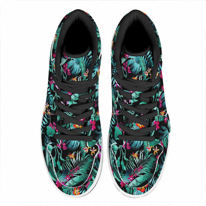 Teal Tropical Leaf Hawaii Pattern Print High Top Leather Sneakers