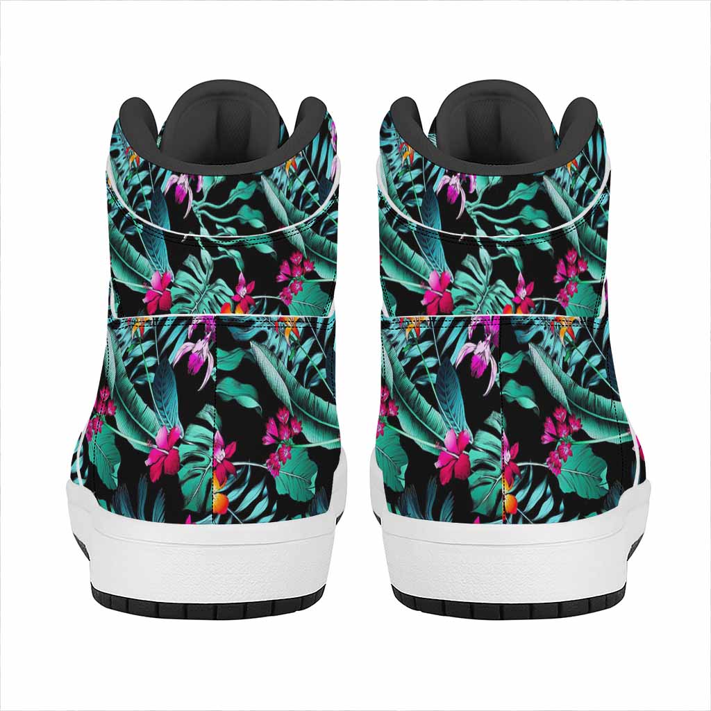 Teal Tropical Leaf Hawaii Pattern Print High Top Leather Sneakers