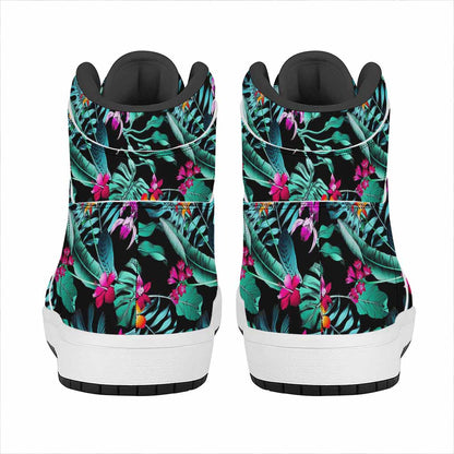 Teal Tropical Leaf Hawaii Pattern Print High Top Leather Sneakers