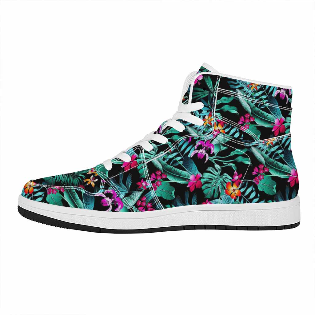 Teal Tropical Leaf Hawaii Pattern Print High Top Leather Sneakers