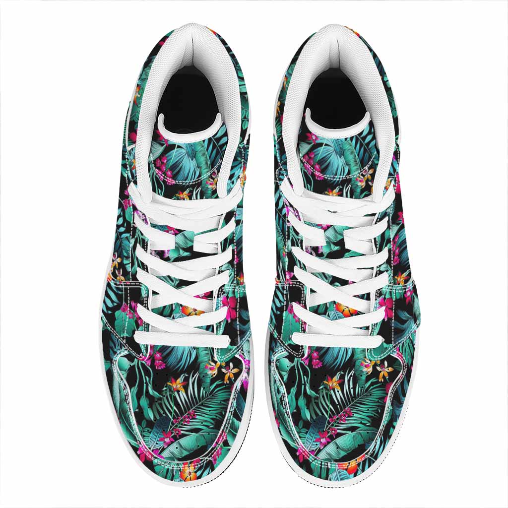Teal Tropical Leaf Hawaii Pattern Print High Top Leather Sneakers