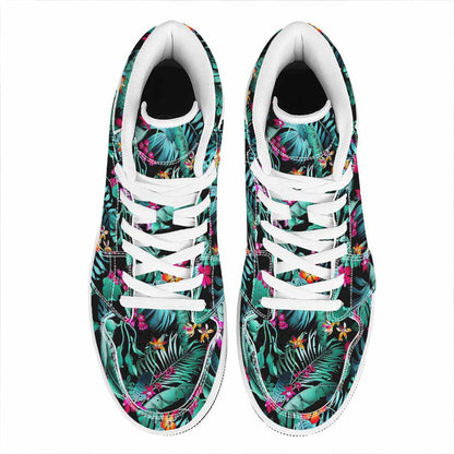 Teal Tropical Leaf Hawaii Pattern Print High Top Leather Sneakers