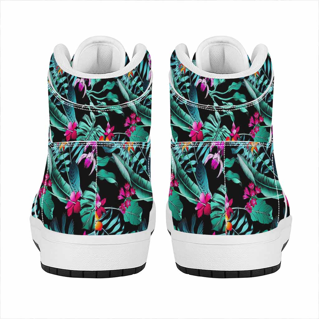 Teal Tropical Leaf Hawaii Pattern Print High Top Leather Sneakers