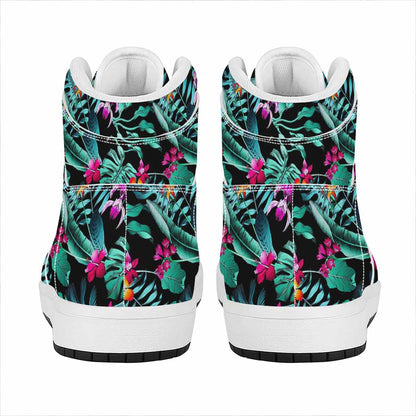 Teal Tropical Leaf Hawaii Pattern Print High Top Leather Sneakers