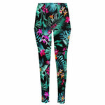 Teal Tropical Leaf Hawaii Pattern Print High-Waisted Pocket Leggings