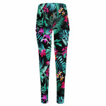 Teal Tropical Leaf Hawaii Pattern Print High-Waisted Pocket Leggings