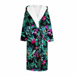 Teal Tropical Leaf Hawaii Pattern Print Hooded Bathrobe