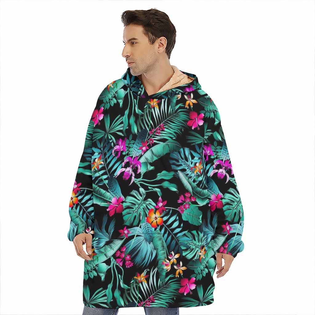 Teal Tropical Leaf Hawaii Pattern Print Hoodie Blanket