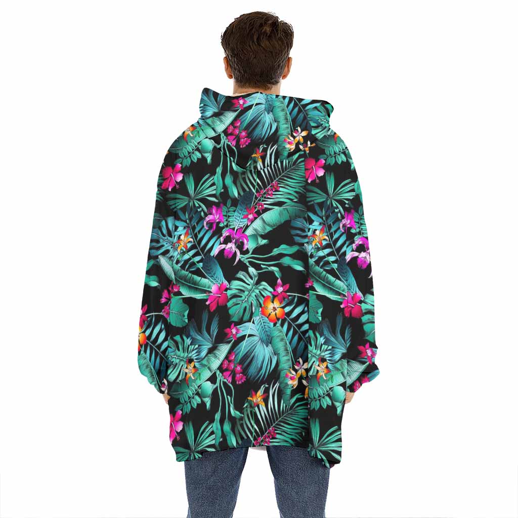Teal Tropical Leaf Hawaii Pattern Print Hoodie Blanket
