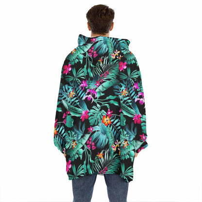 Teal Tropical Leaf Hawaii Pattern Print Hoodie Blanket