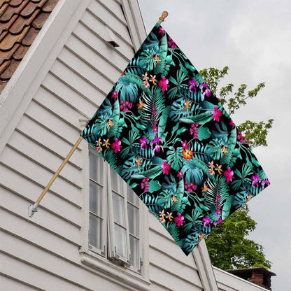 Teal Tropical Leaf Hawaii Pattern Print House Flag