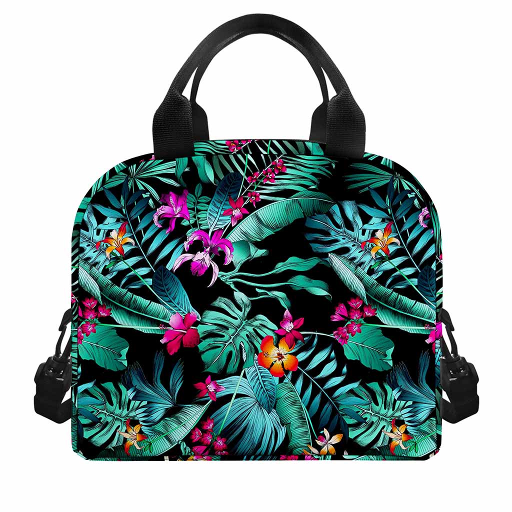 Teal Tropical Leaf Hawaii Pattern Print Insulated Lunch Bag