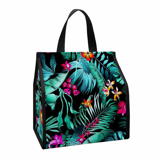 Teal Tropical Leaf Hawaii Pattern Print Insulated Lunch Tote
