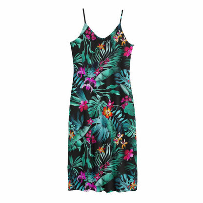 Teal Tropical Leaf Hawaii Pattern Print Jersey Midi Cami Dress