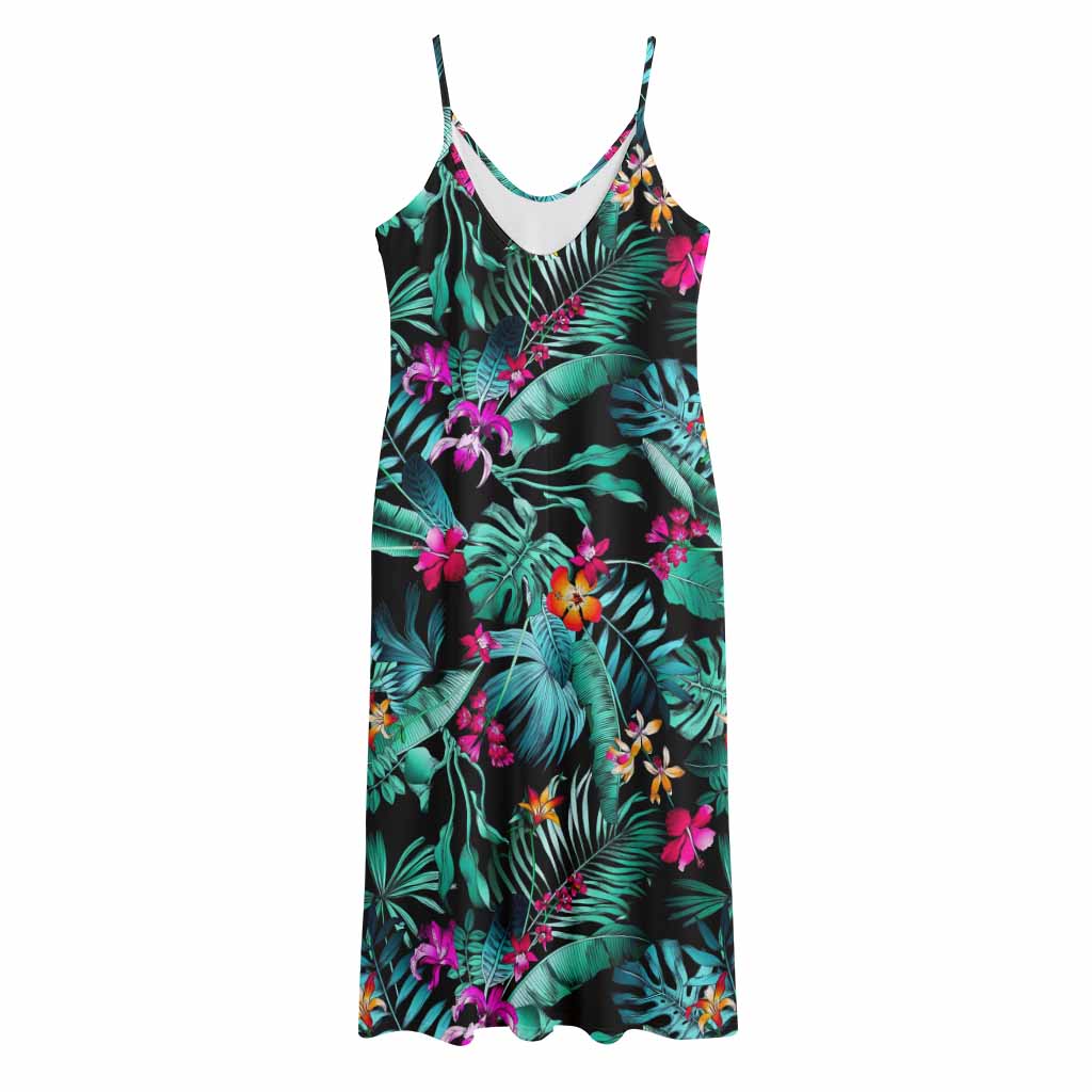Teal Tropical Leaf Hawaii Pattern Print Jersey Midi Cami Dress