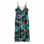 Teal Tropical Leaf Hawaii Pattern Print Jersey Midi Cami Dress