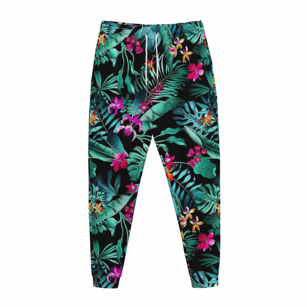 Teal Tropical Leaf Hawaii Pattern Print Jogger Pants