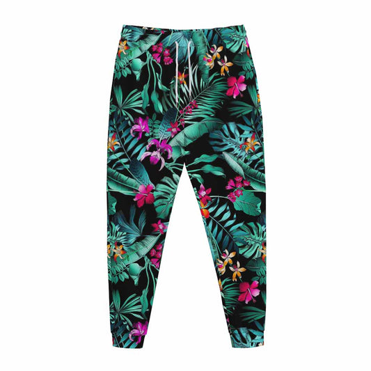 Teal Tropical Leaf Hawaii Pattern Print Jogger Pants