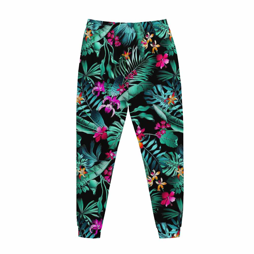 Teal Tropical Leaf Hawaii Pattern Print Jogger Pants