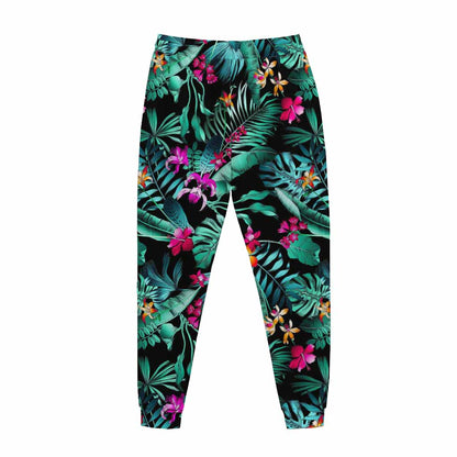 Teal Tropical Leaf Hawaii Pattern Print Jogger Pants